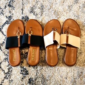 Italian Shoemakers Black and Tan Sandals with gold accents, Size 8